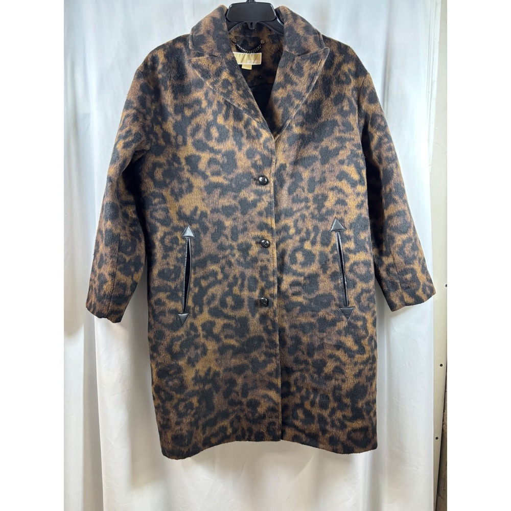 Michael Michael Kors Leopard Print Fuzzy Button Front Coat Brown Black Large